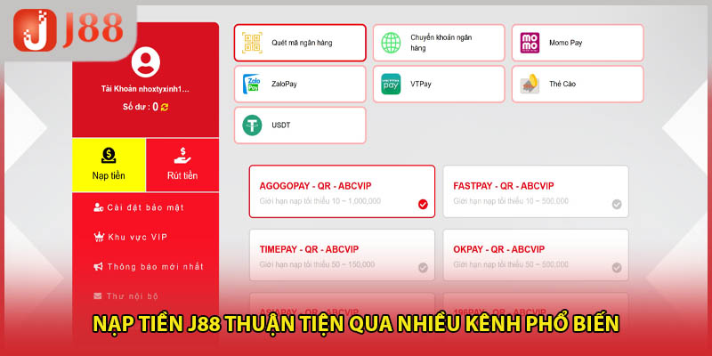Nạp tiền J88 thuận tiện qua nhiều kênh phổ biến